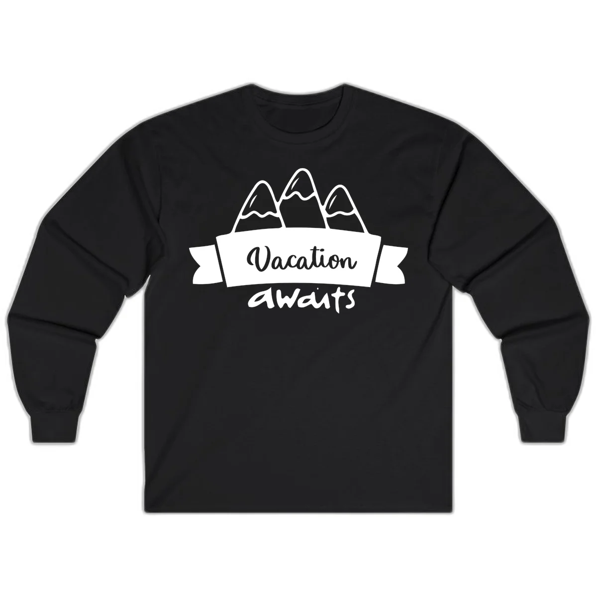 Vacation awaits mountains design featuring three snow-capped peaks with banner ribbon and elegant script text on gray background in Black