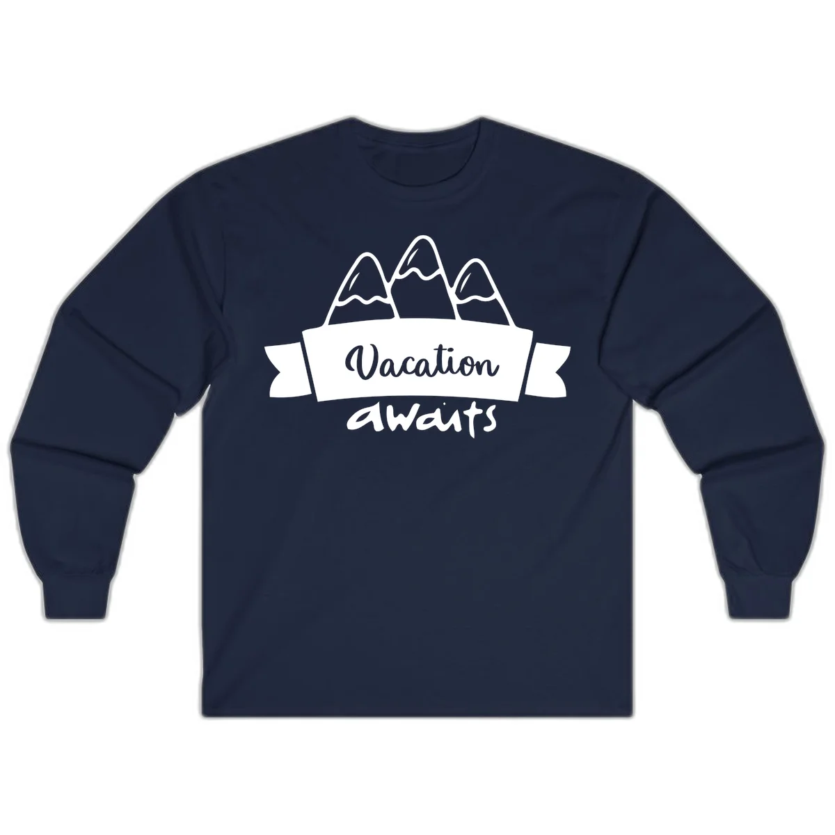 Vacation awaits mountains design featuring three snow-capped peaks with banner ribbon and elegant script text on gray background in Navy