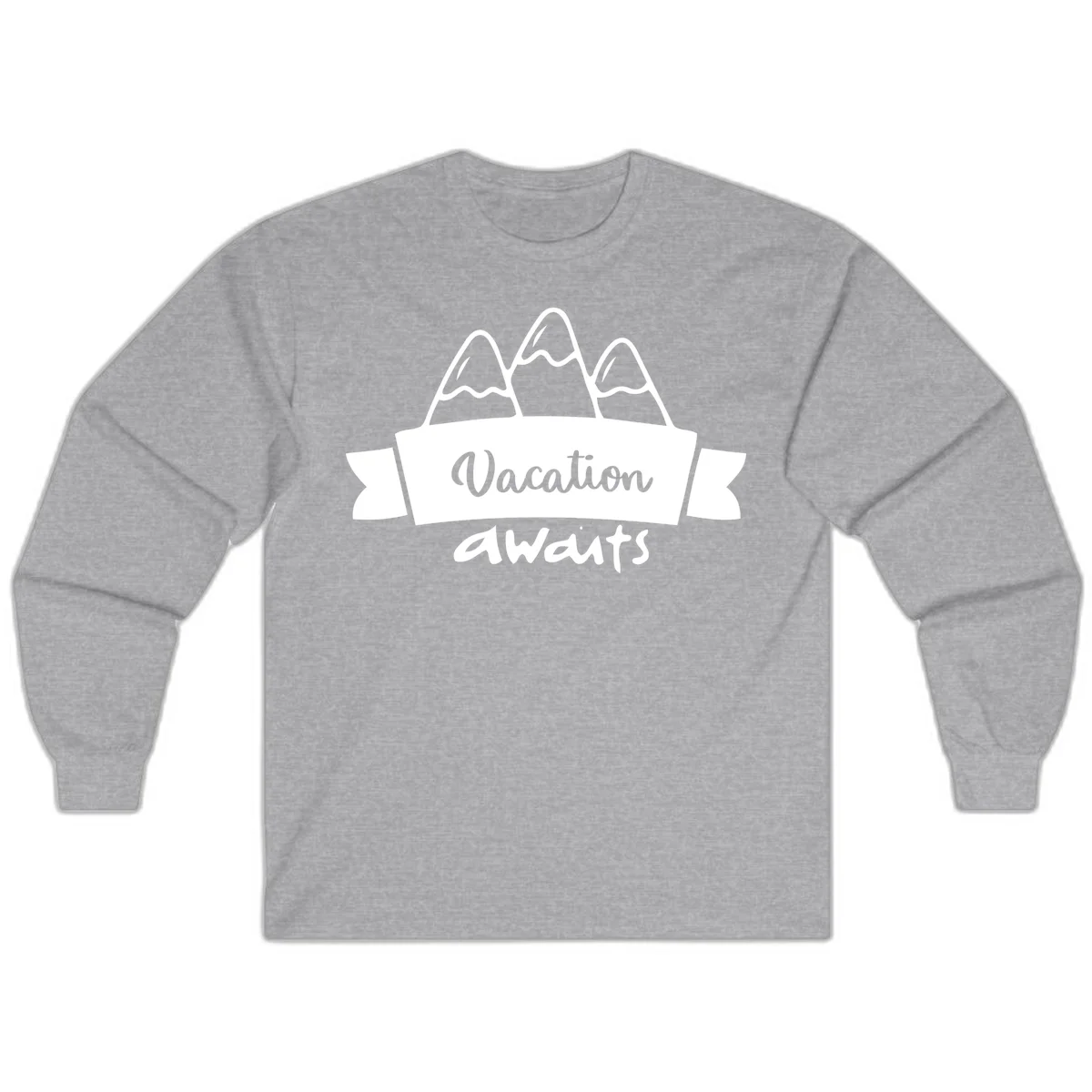 Vacation awaits mountains design featuring three snow-capped peaks with banner ribbon and elegant script text on gray background in Sport Grey
