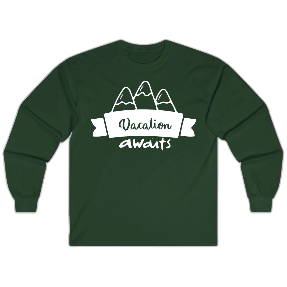 Vacation awaits mountains design featuring three snow-capped peaks with banner ribbon and elegant script text on gray background in Forest Green