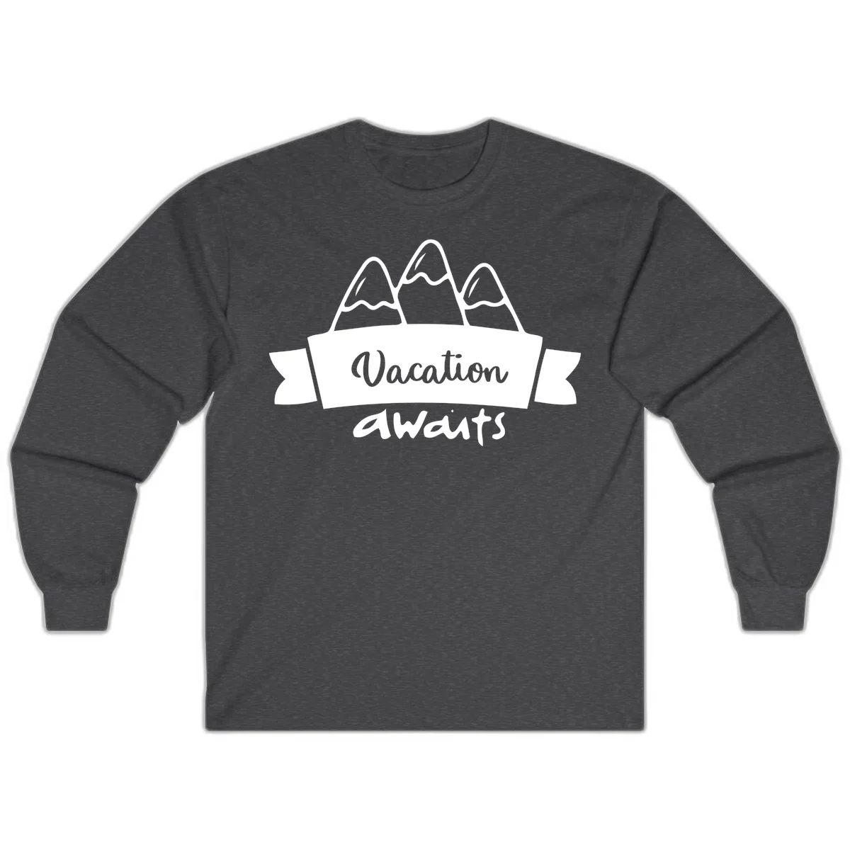 Vacation awaits mountains design featuring three snow-capped peaks with banner ribbon and elegant script text on gray background in Dark Heather