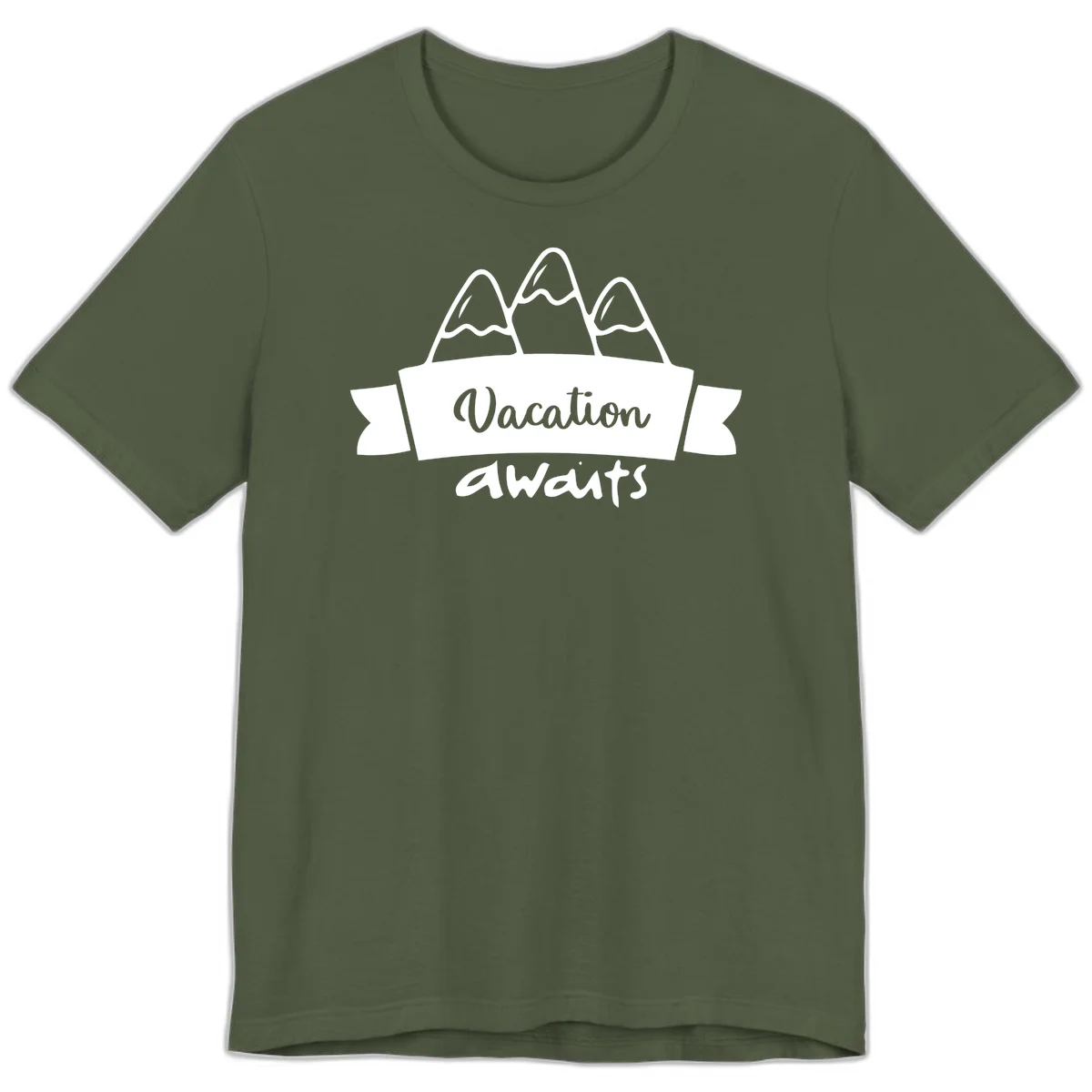 Vacation awaits mountains design featuring three snow-capped peaks with banner ribbon and elegant script text on gray background in Military Green