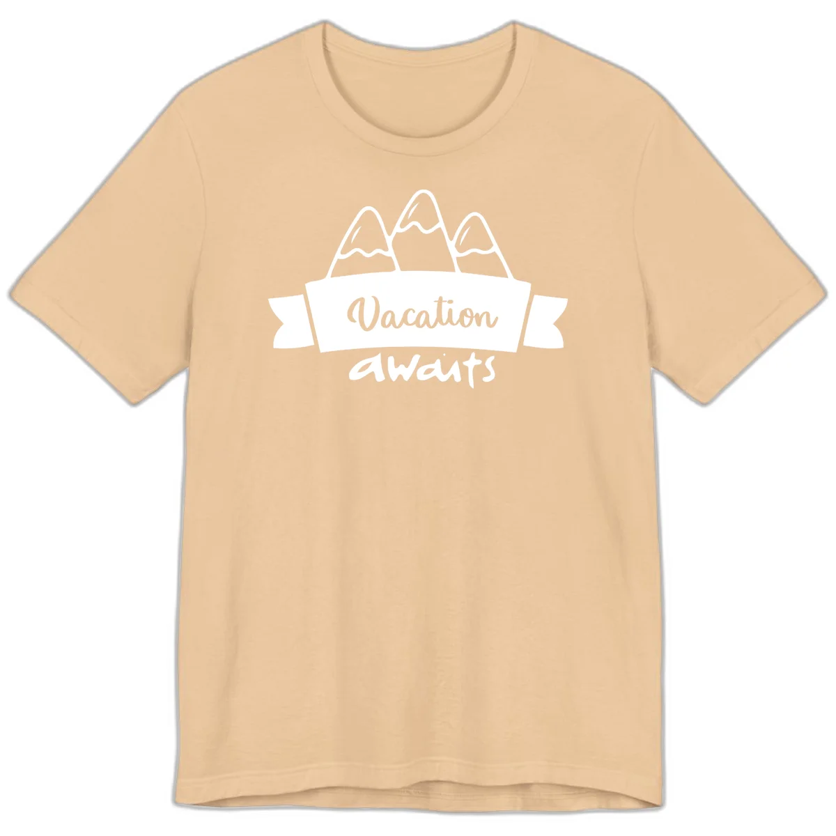 Vacation awaits mountains design featuring three snow-capped peaks with banner ribbon and elegant script text on gray background in Sand Dune