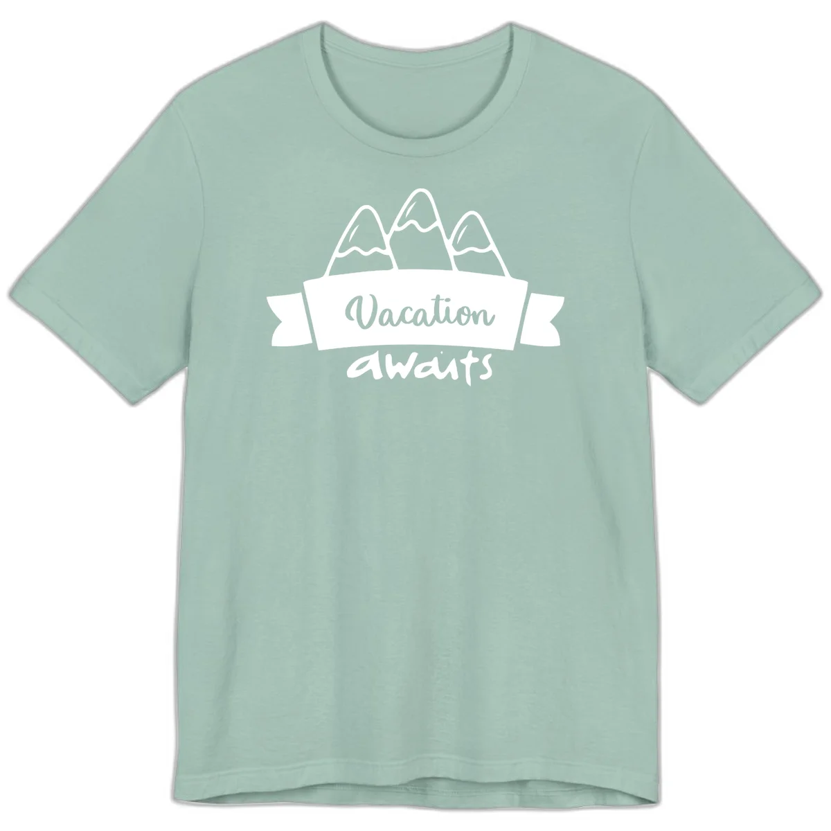 Vacation awaits mountains design featuring three snow-capped peaks with banner ribbon and elegant script text on gray background in Dusty Blue