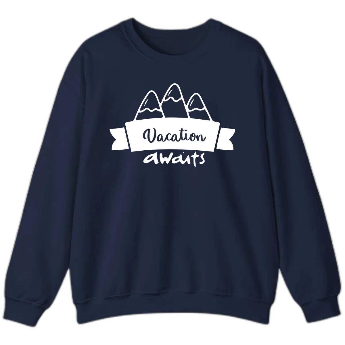 Vacation awaits mountains design featuring three snow-capped peaks with banner ribbon and elegant script text on gray background in Navy