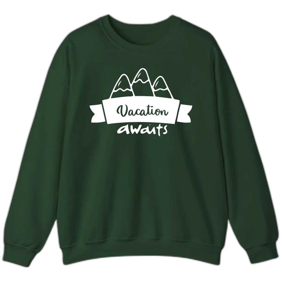 Vacation awaits mountains design featuring three snow-capped peaks with banner ribbon and elegant script text on gray background in Forest Green