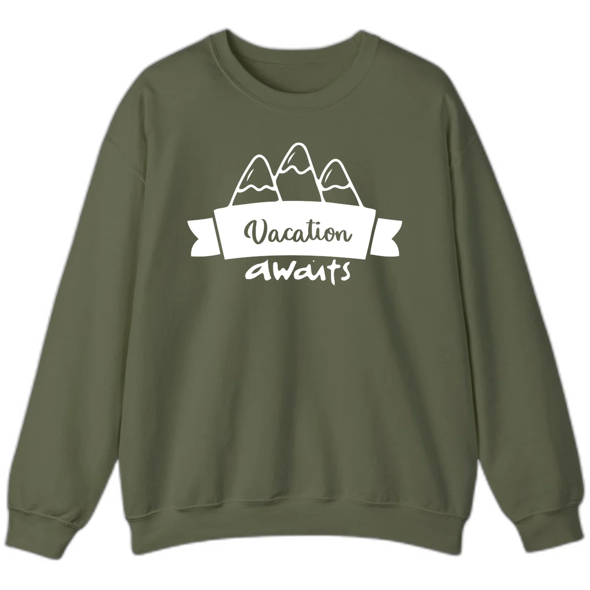 Vacation awaits mountains design featuring three snow-capped peaks with banner ribbon and elegant script text on gray background in Military Green