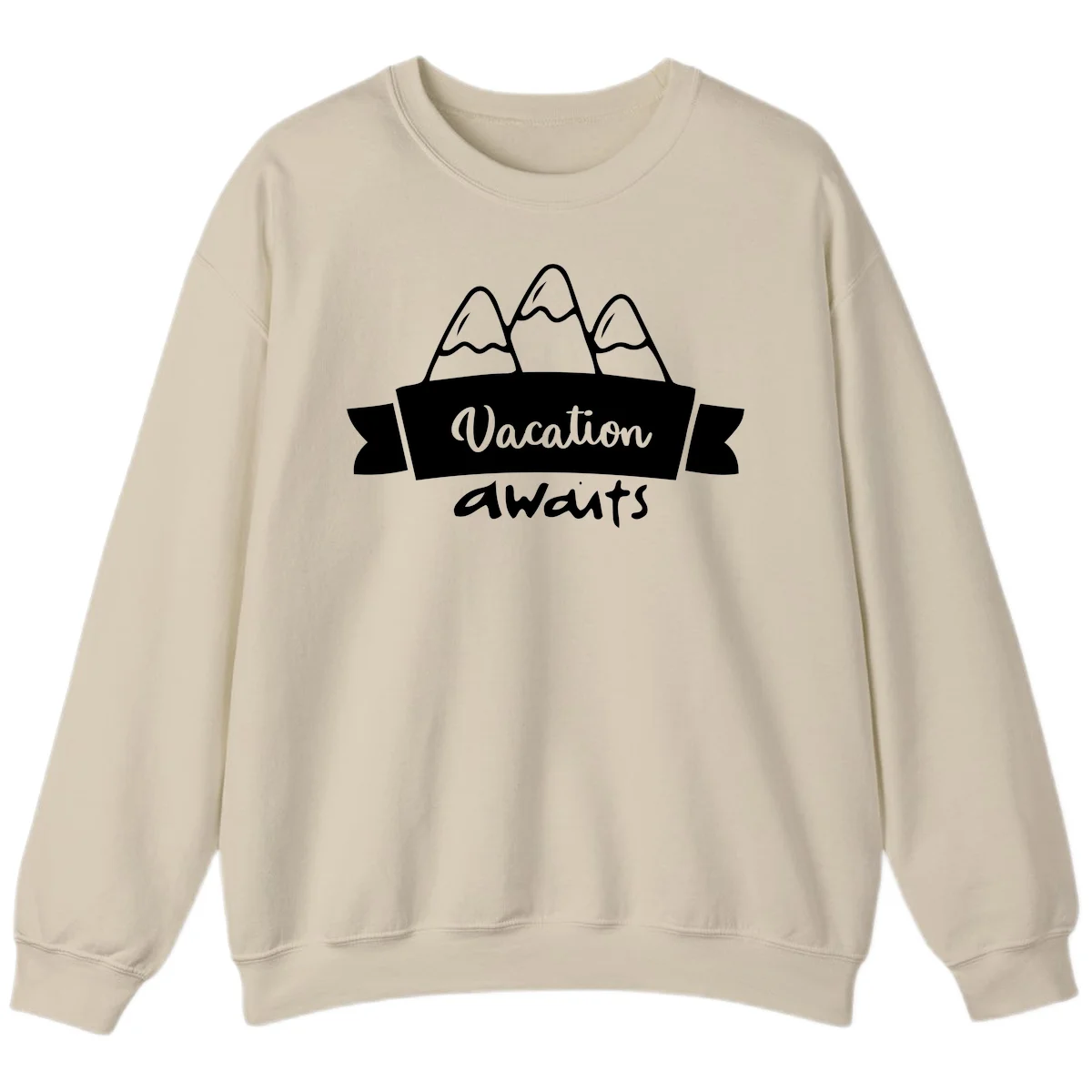 Vacation awaits mountains design featuring three snow-capped peaks with banner ribbon and elegant script text on gray background in Sand