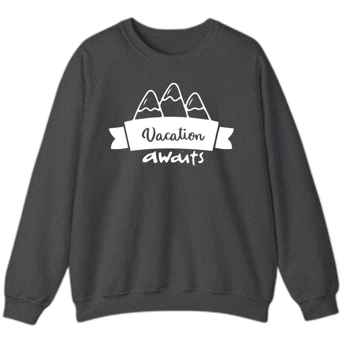 Vacation awaits mountains design featuring three snow-capped peaks with banner ribbon and elegant script text on gray background in Dark Heather