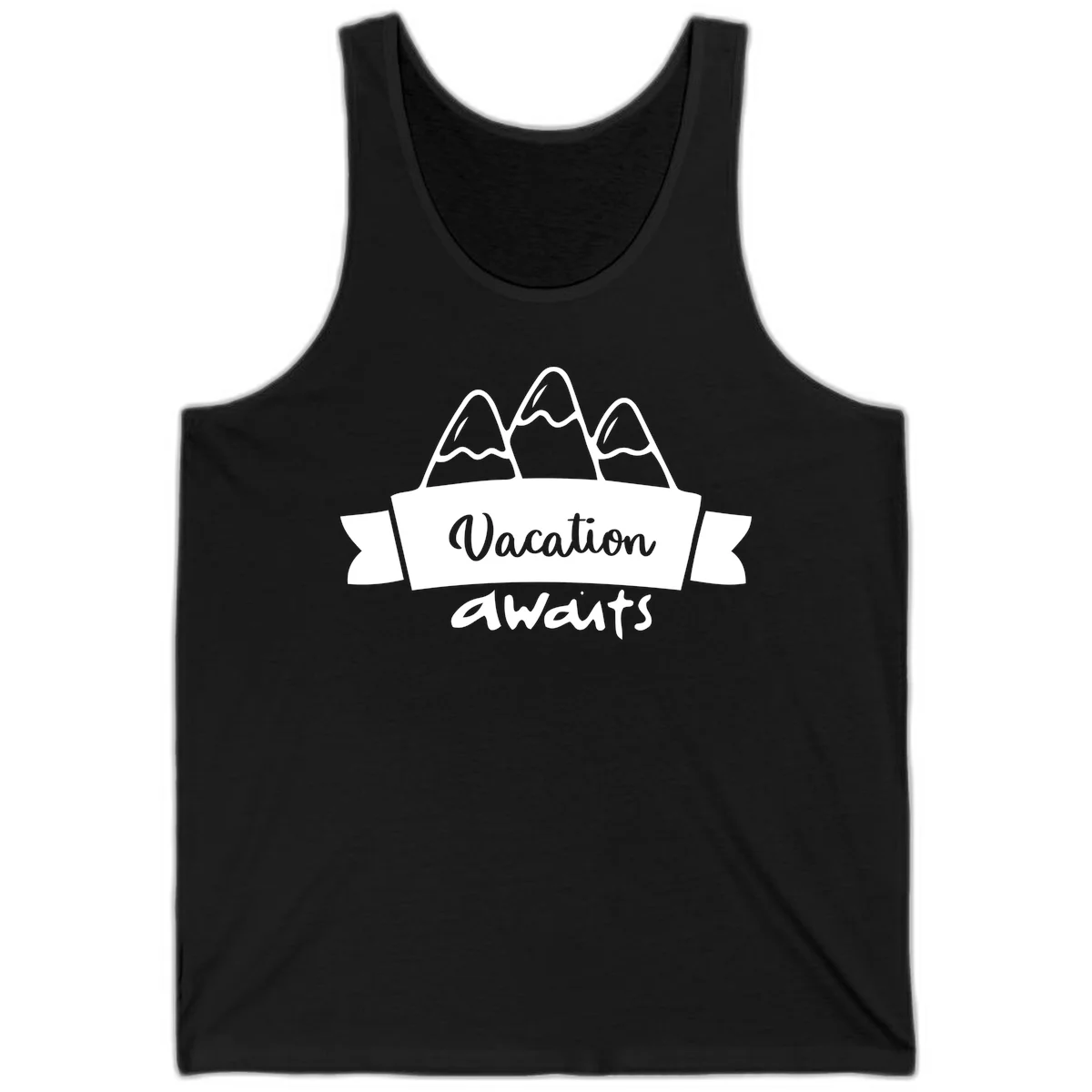 Vacation awaits mountains design featuring three snow-capped peaks with banner ribbon and elegant script text on gray background in Black