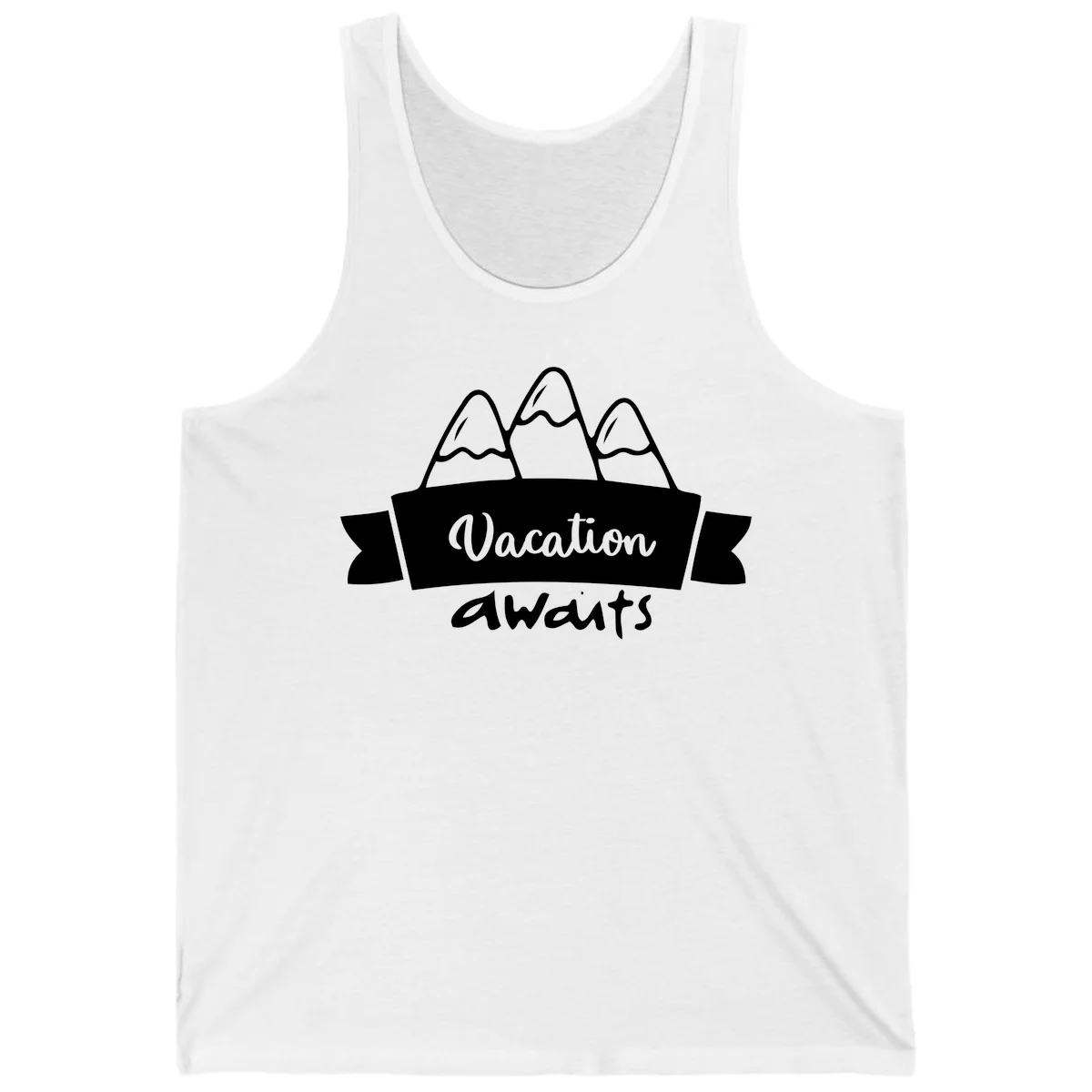 Vacation awaits mountains design featuring three snow-capped peaks with banner ribbon and elegant script text on gray background in White