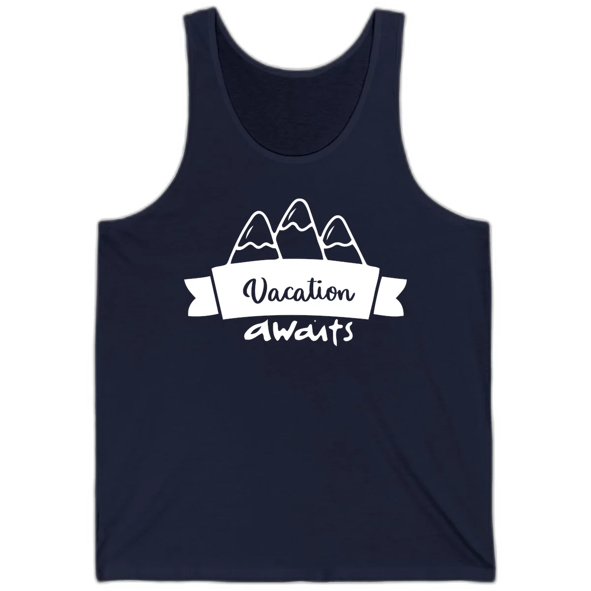 Vacation awaits mountains design featuring three snow-capped peaks with banner ribbon and elegant script text on gray background in Navy