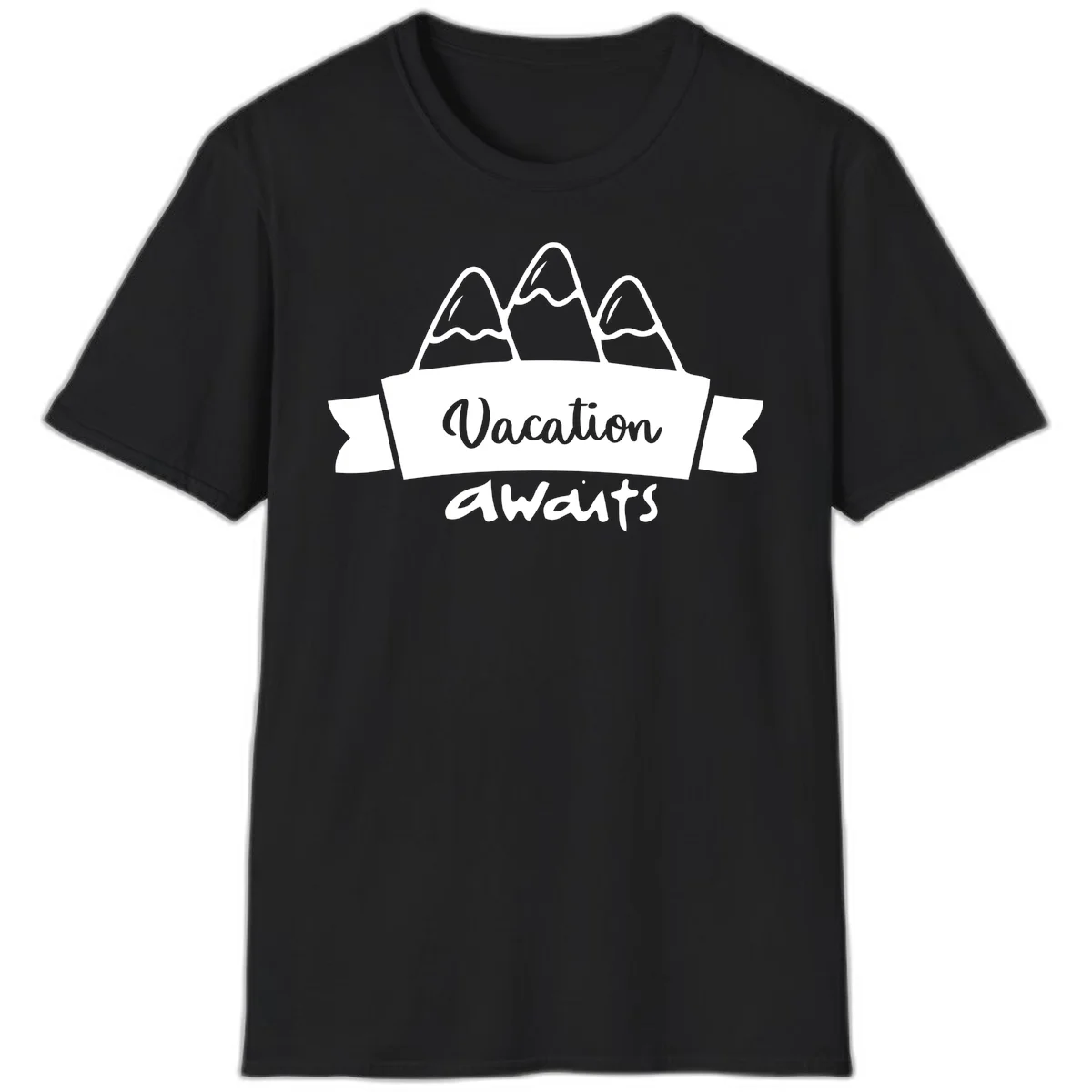 Vacation awaits mountains design featuring three snow-capped peaks with banner ribbon and elegant script text on gray background in Black