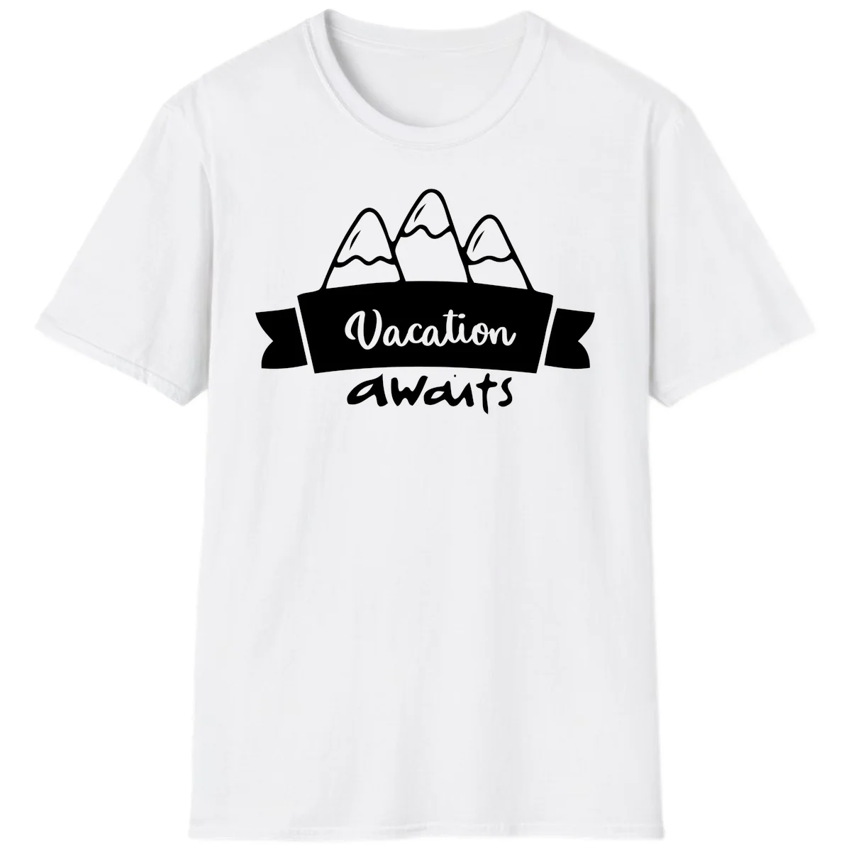 Vacation awaits mountains design featuring three snow-capped peaks with banner ribbon and elegant script text on gray background in White