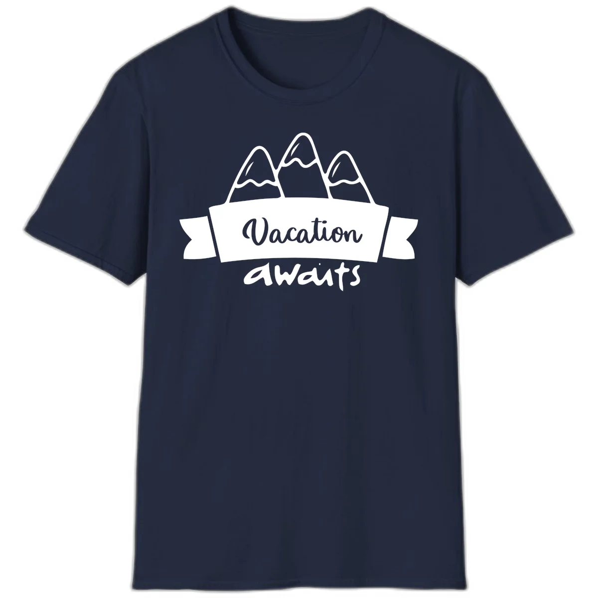 Vacation awaits mountains design featuring three snow-capped peaks with banner ribbon and elegant script text on gray background in Navy