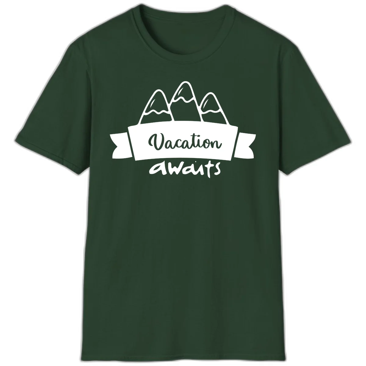 Vacation awaits mountains design featuring three snow-capped peaks with banner ribbon and elegant script text on gray background in Forest Green