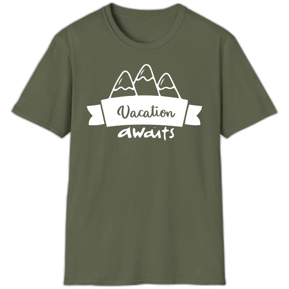 Vacation awaits mountains design featuring three snow-capped peaks with banner ribbon and elegant script text on gray background in Military Green