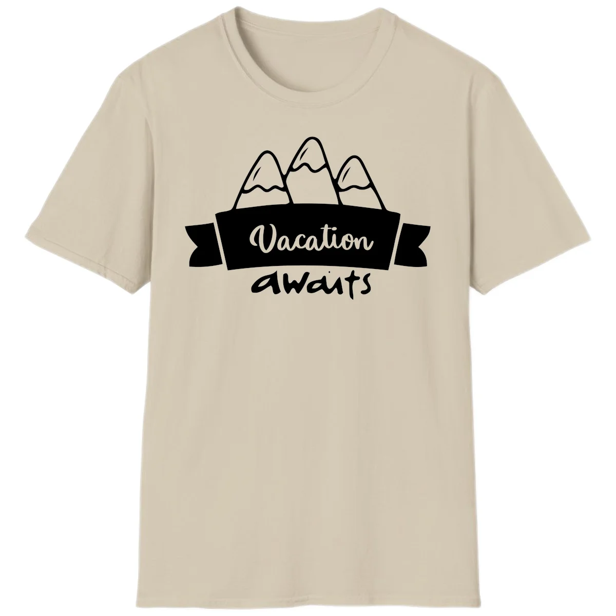 Vacation awaits mountains design featuring three snow-capped peaks with banner ribbon and elegant script text on gray background in Sand