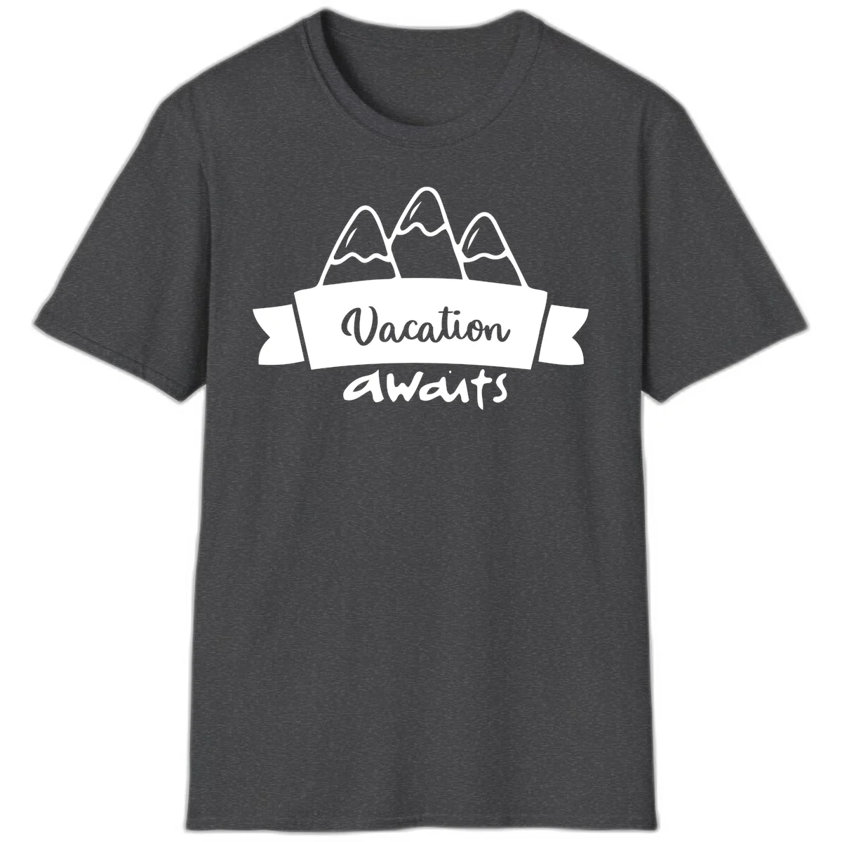 Vacation awaits mountains design featuring three snow-capped peaks with banner ribbon and elegant script text on gray background in Dark Heather