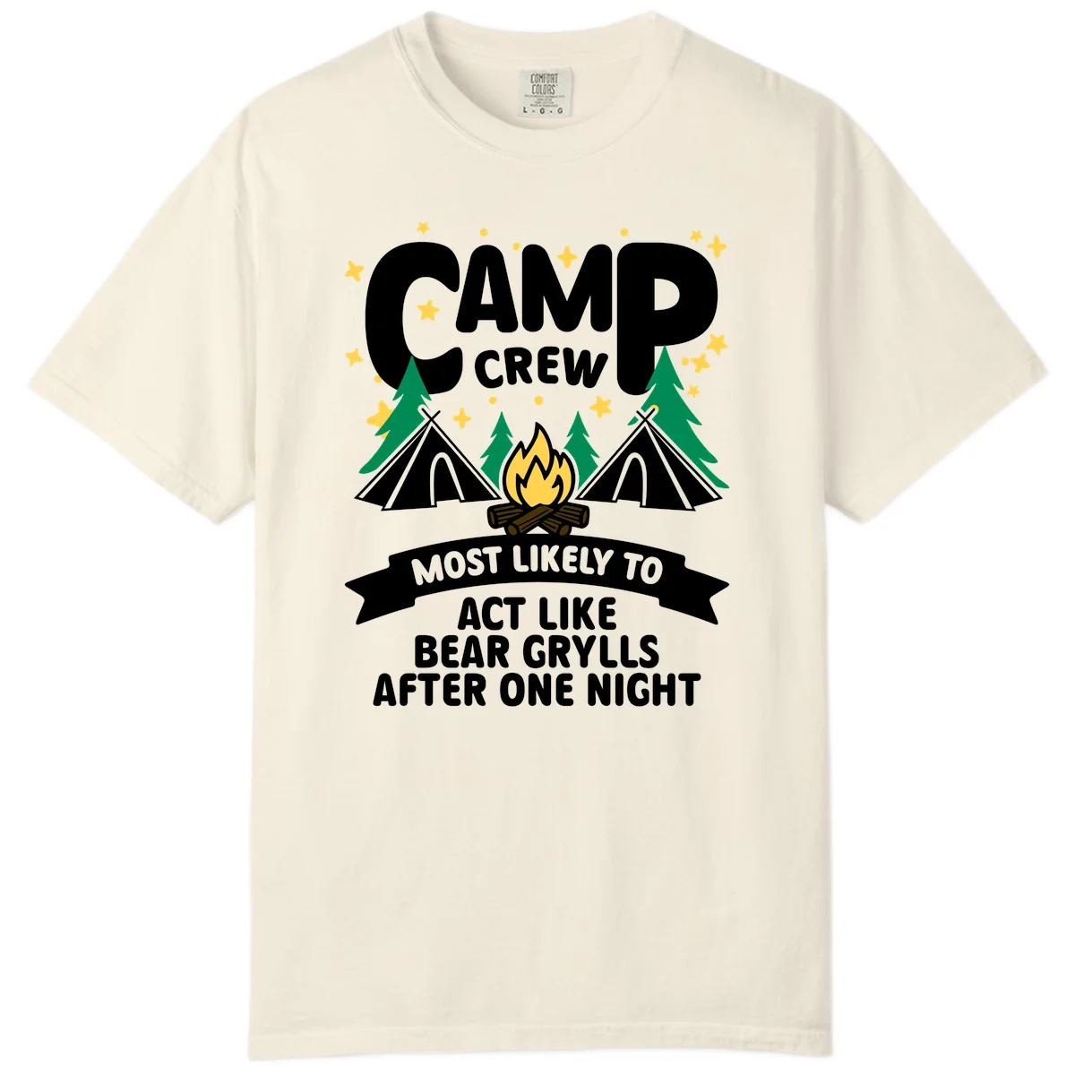 Bear Grylls camp crew design with campfire, tents, and stars—humorous camping shirt for group trips in Ivory