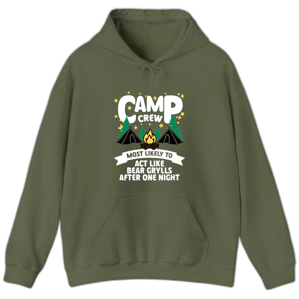 Bear Grylls camp crew design with campfire, tents, and stars—humorous camping shirt for group trips in Military Green