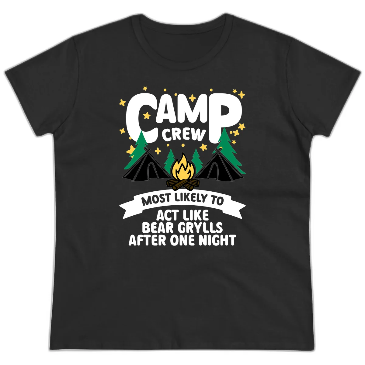Bear Grylls camp crew design with campfire, tents, and stars—humorous camping shirt for group trips in Black