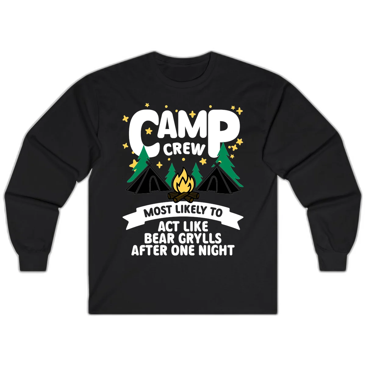 Bear Grylls camp crew design with campfire, tents, and stars—humorous camping shirt for group trips in Black