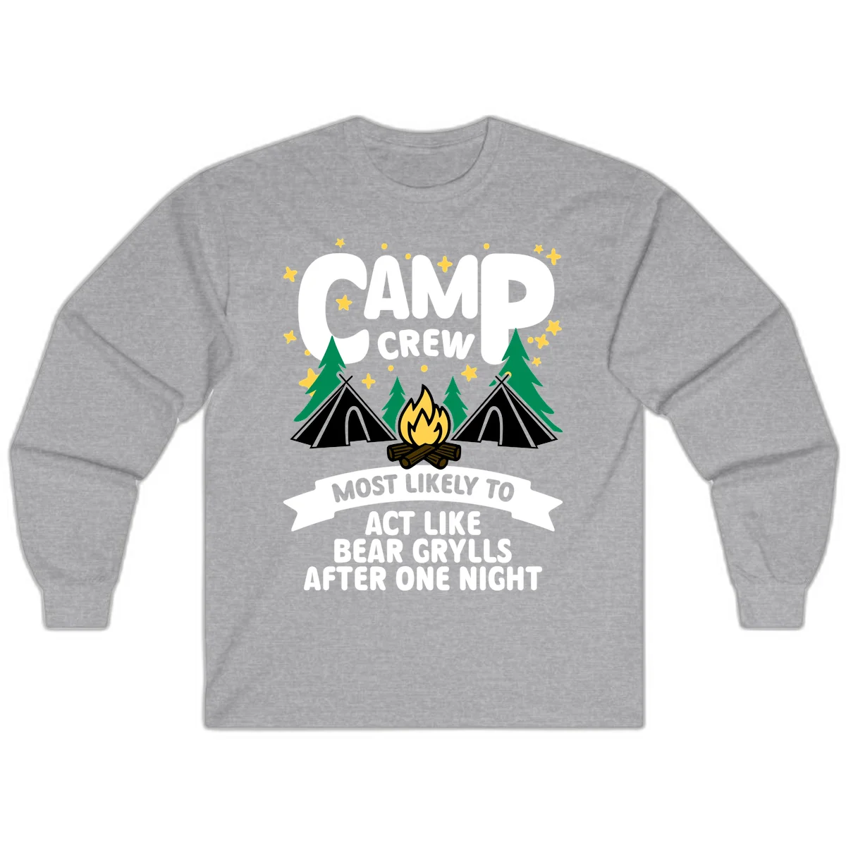 Bear Grylls camp crew design with campfire, tents, and stars—humorous camping shirt for group trips in Sport Grey