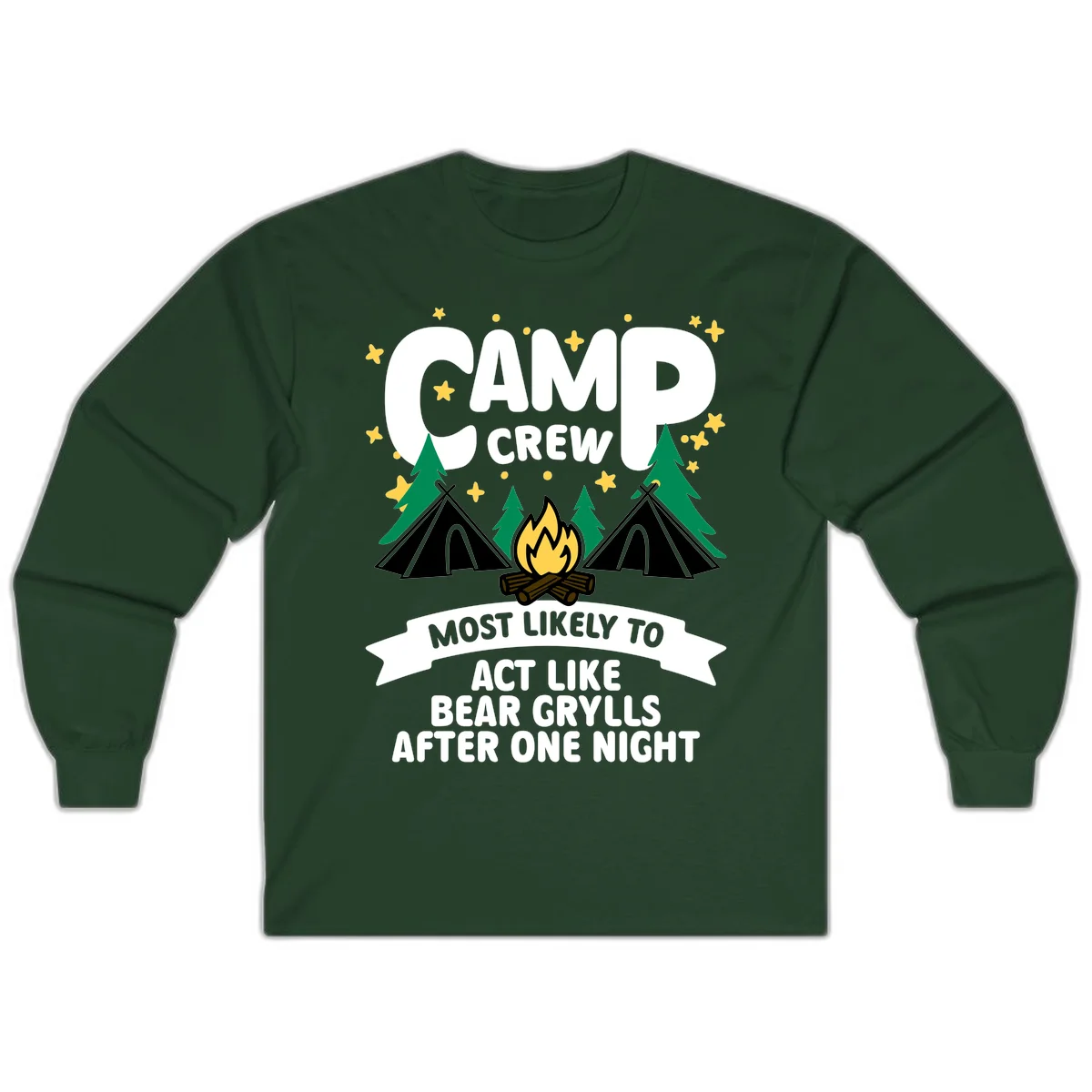 Bear Grylls camp crew design with campfire, tents, and stars—humorous camping shirt for group trips in Forest Green