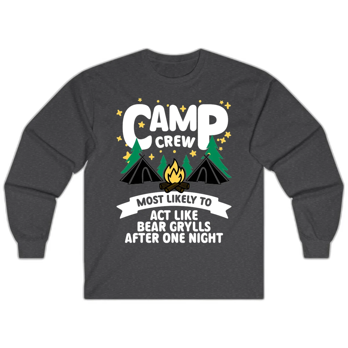 Bear Grylls camp crew design with campfire, tents, and stars—humorous camping shirt for group trips in Dark Heather