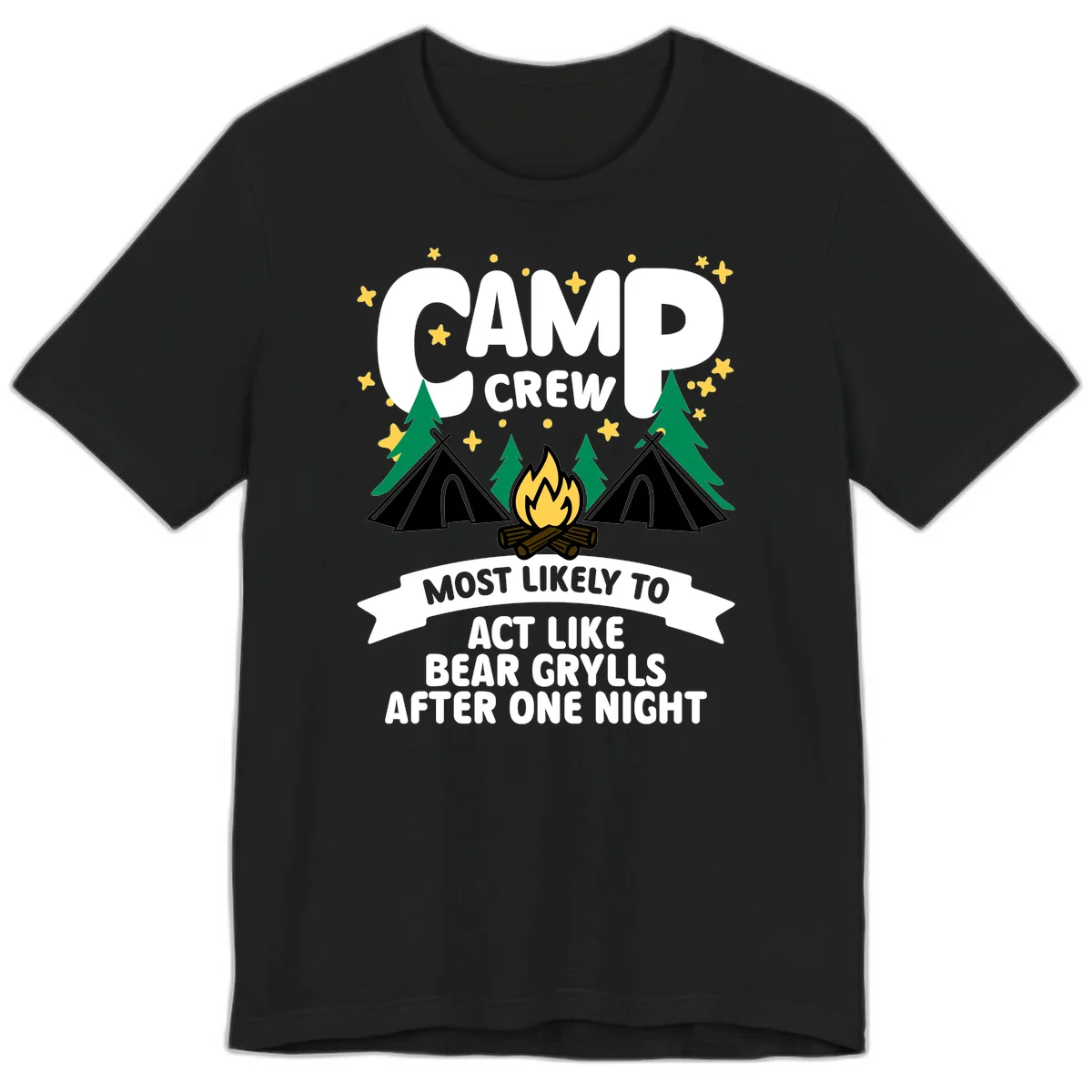 Bear Grylls camp crew design with campfire, tents, and stars—humorous camping shirt for group trips in Black