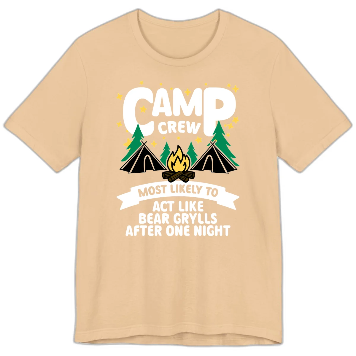 Bear Grylls camp crew design with campfire, tents, and stars—humorous camping shirt for group trips in Sand Dune
