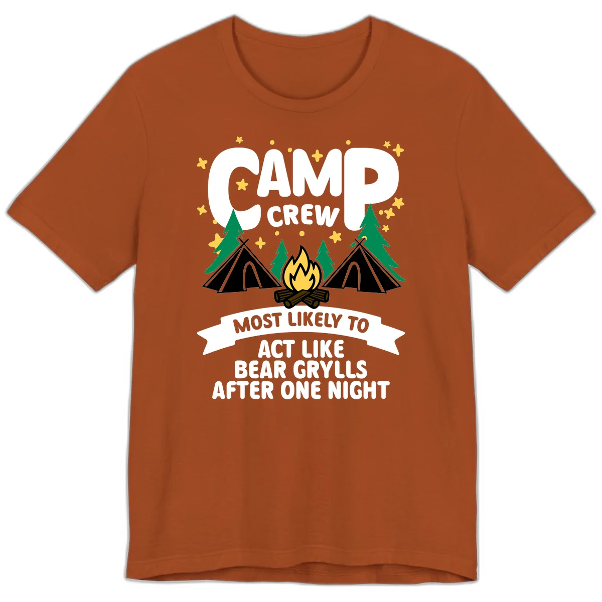 Bear Grylls camp crew design with campfire, tents, and stars—humorous camping shirt for group trips in Autumn