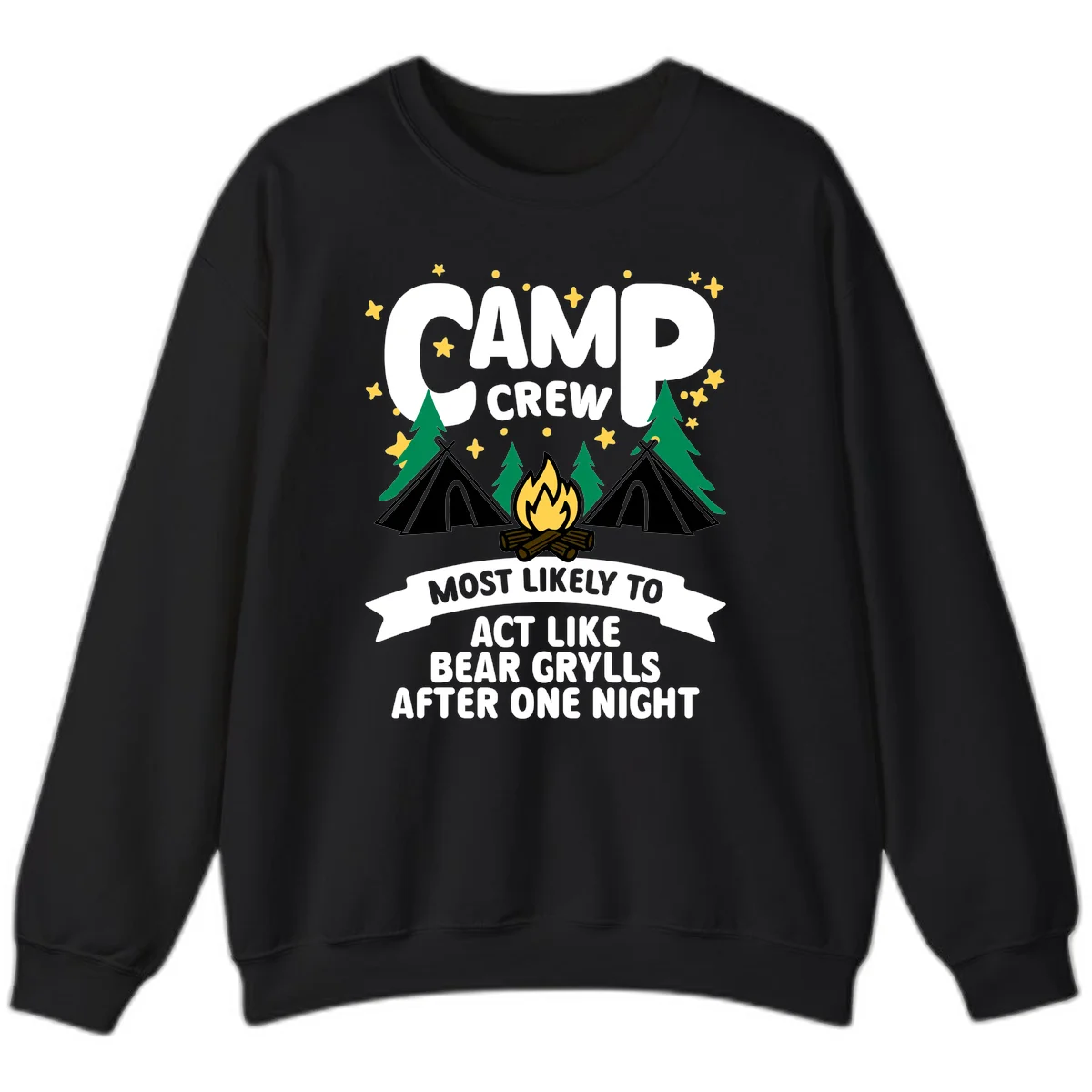Bear Grylls camp crew design with campfire, tents, and stars—humorous camping shirt for group trips in Black