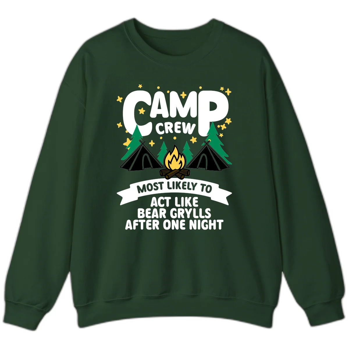Bear Grylls camp crew design with campfire, tents, and stars—humorous camping shirt for group trips in Forest Green