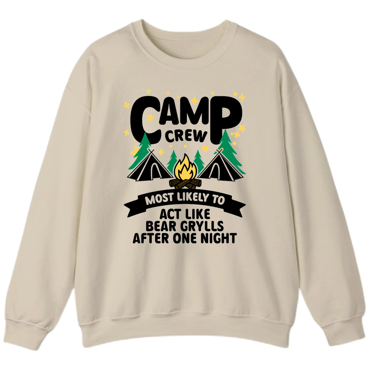 Bear Grylls camp crew design with campfire, tents, and stars—humorous camping shirt for group trips in Sand