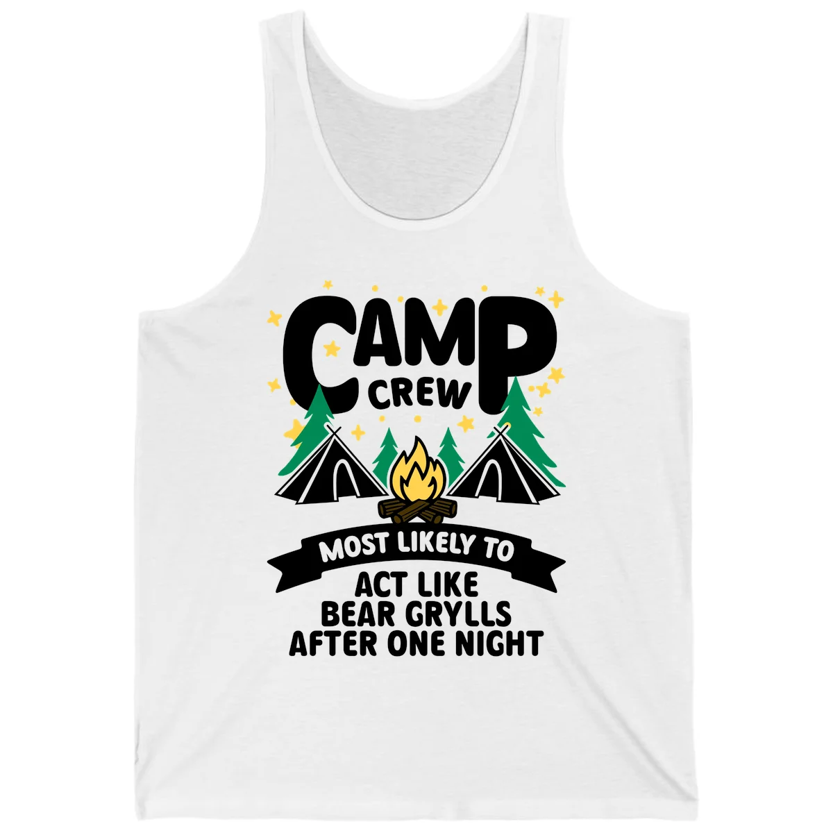Bear Grylls camp crew design with campfire, tents, and stars—humorous camping shirt for group trips in White