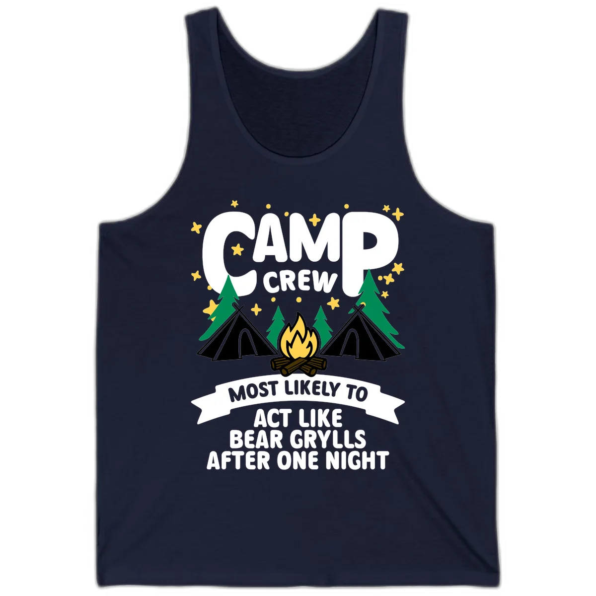 Bear Grylls camp crew design with campfire, tents, and stars—humorous camping shirt for group trips in Navy