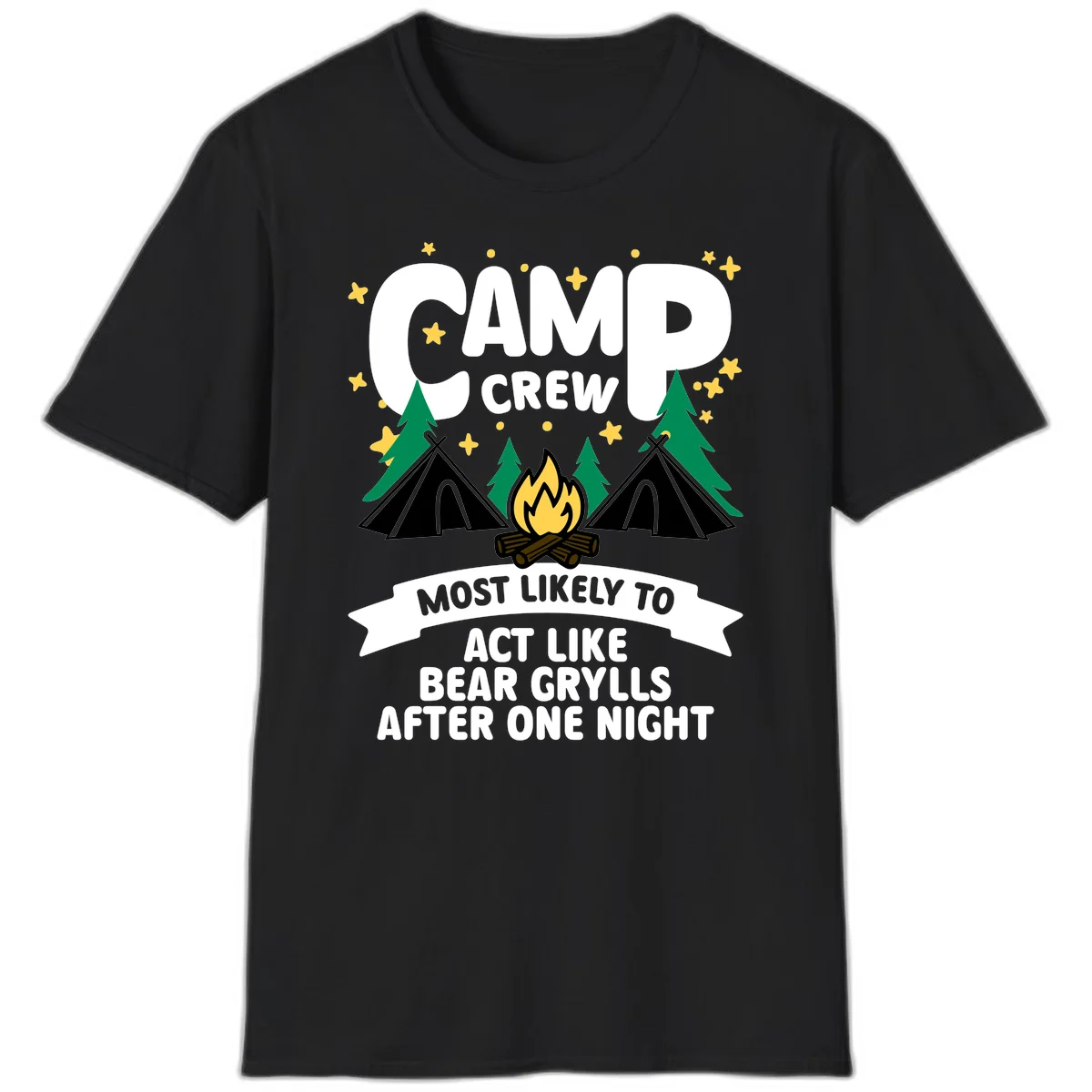 Bear Grylls camp crew design with campfire, tents, and stars—humorous camping shirt for group trips in Black