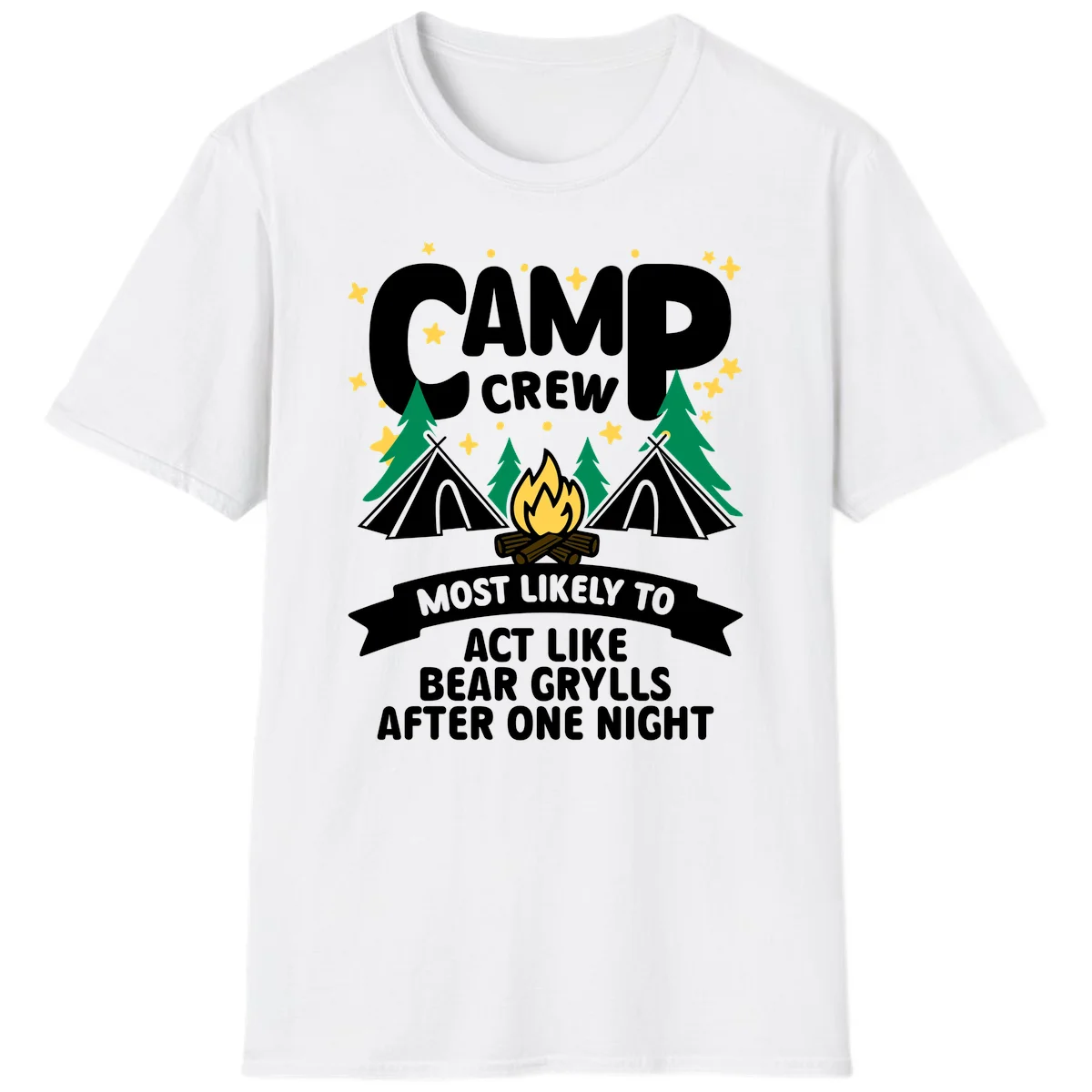 Bear Grylls camp crew design with campfire, tents, and stars—humorous camping shirt for group trips in White