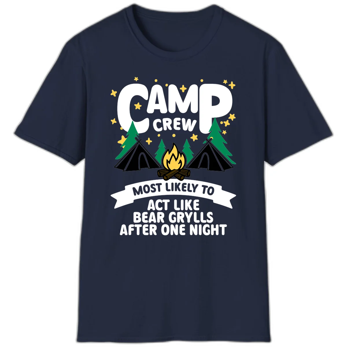 Bear Grylls camp crew design with campfire, tents, and stars—humorous camping shirt for group trips in Navy