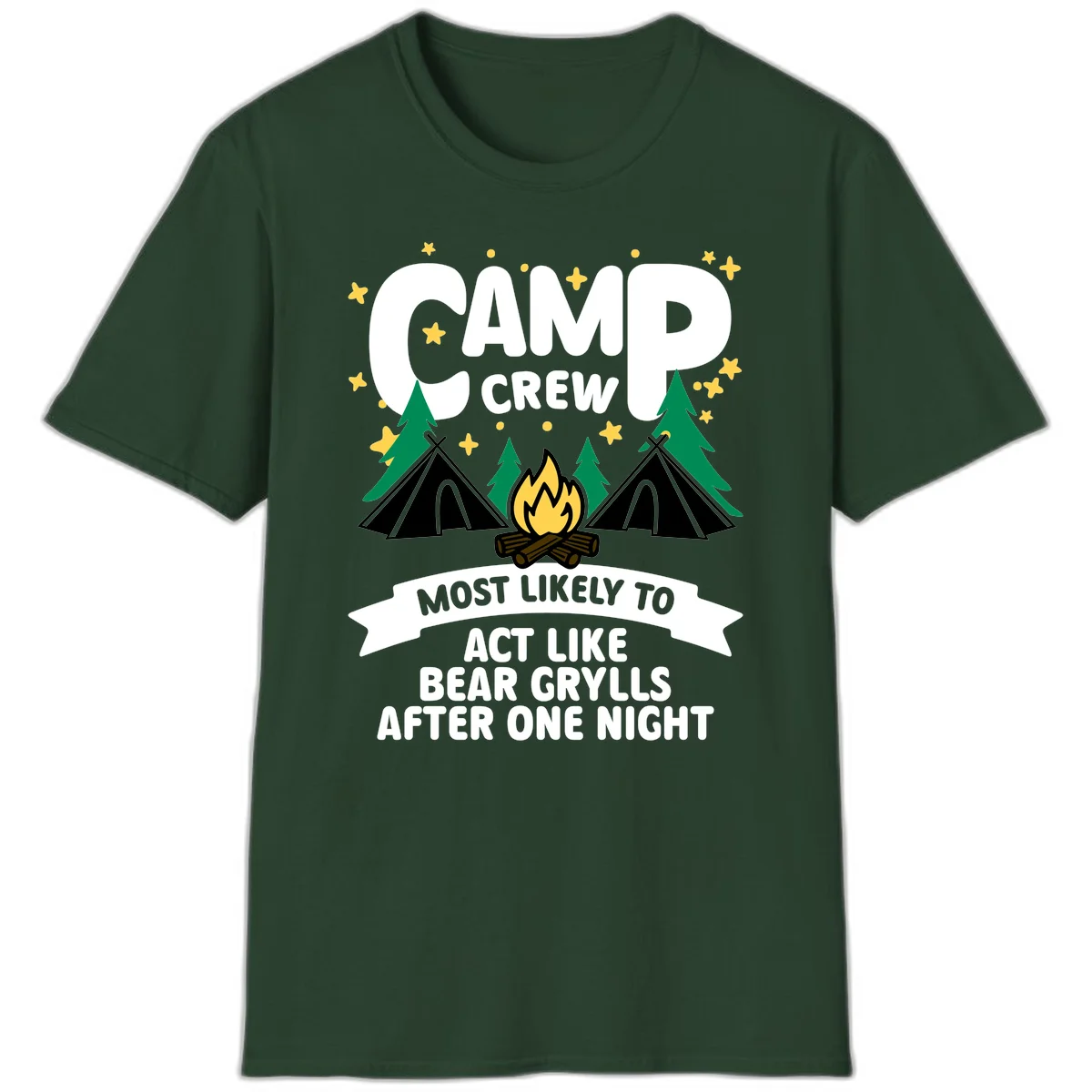 Bear Grylls camp crew design with campfire, tents, and stars—humorous camping shirt for group trips in Forest Green
