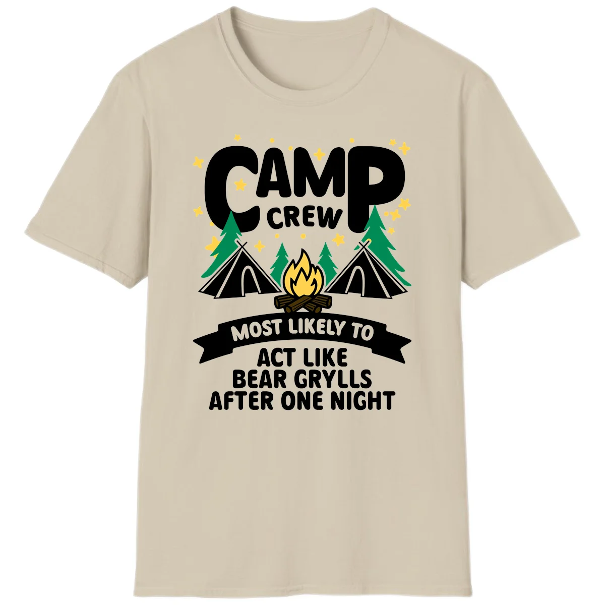 Bear Grylls camp crew design with campfire, tents, and stars—humorous camping shirt for group trips in Sand