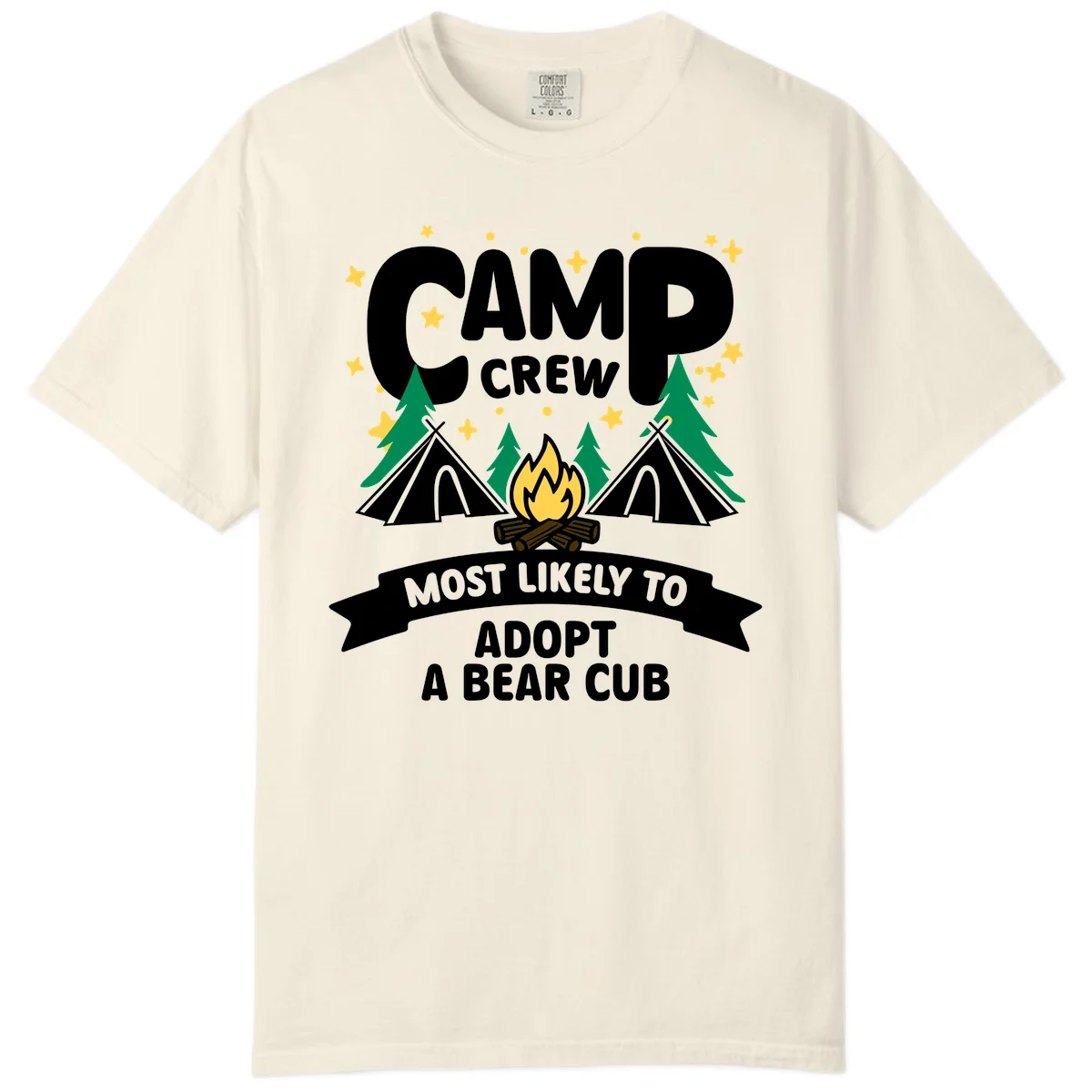 Camp crew bear cub adoption design with campfire, tents, trees, and stars on gray background in Ivory