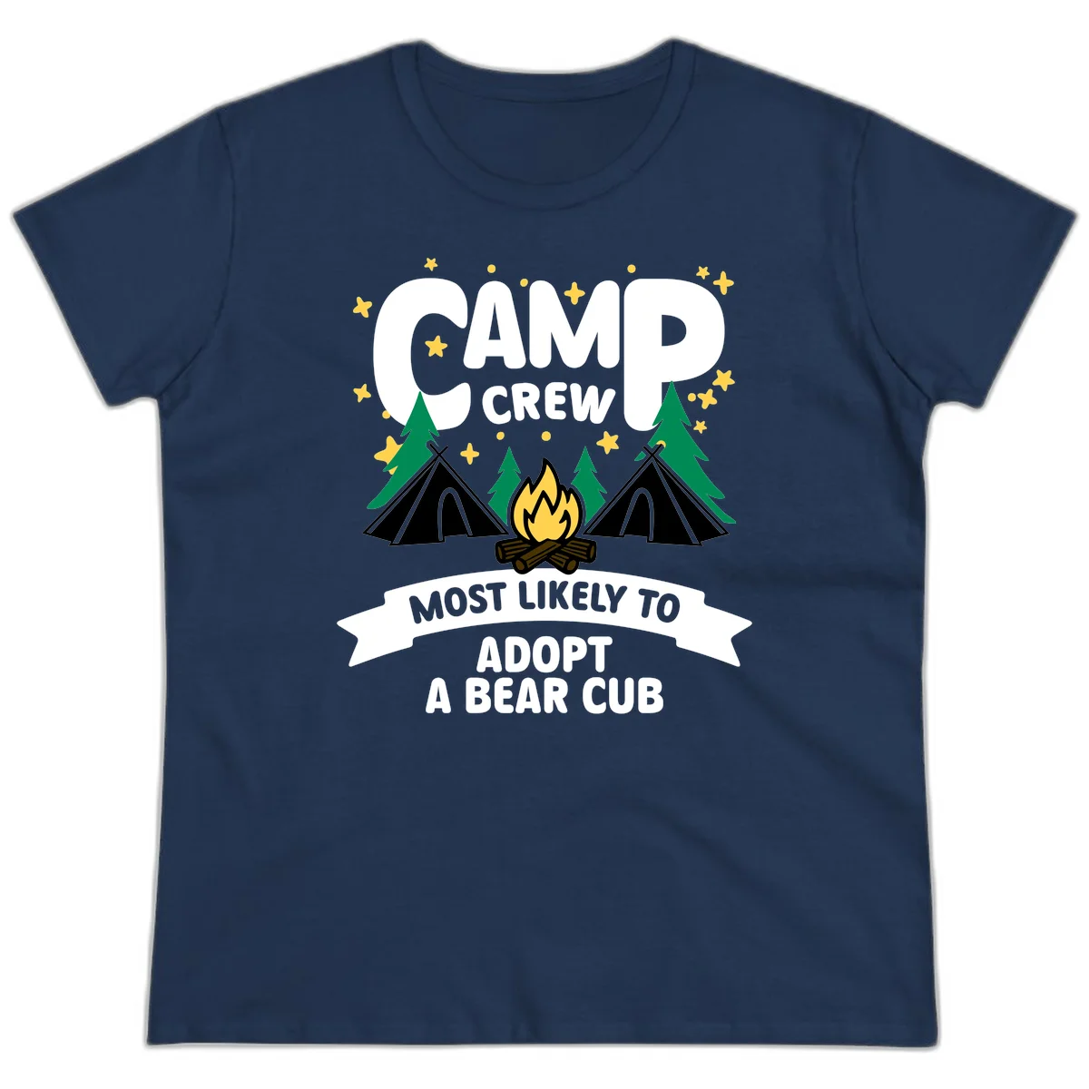 Camp crew bear cub adoption design with campfire, tents, trees, and stars on gray background in Navy