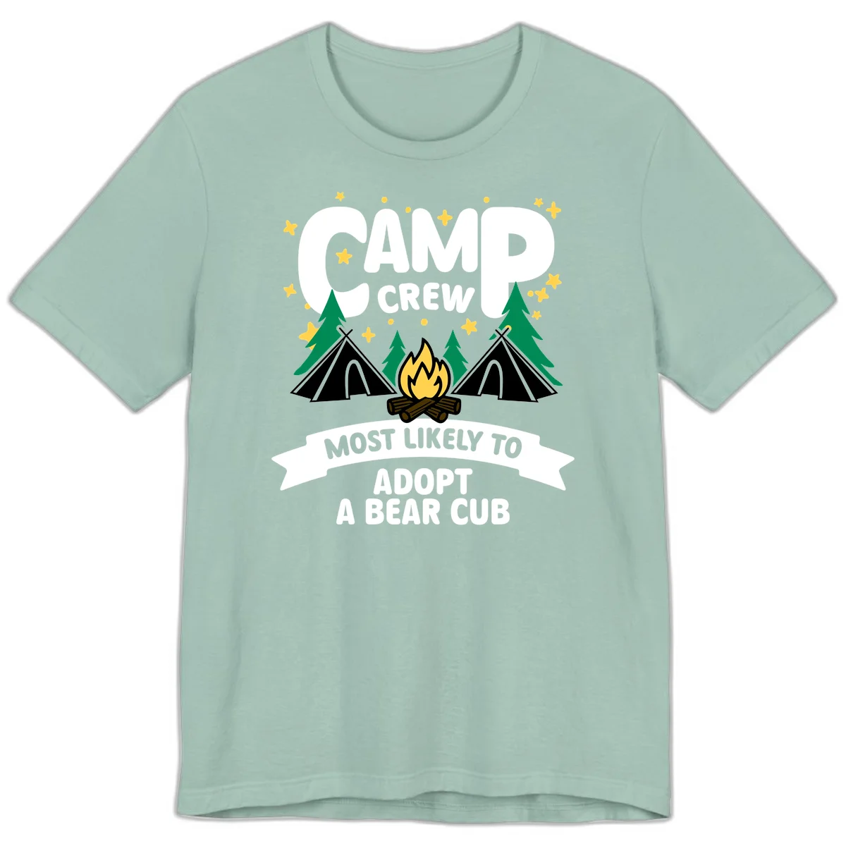Camp crew bear cub adoption design with campfire, tents, trees, and stars on gray background in Dusty Blue