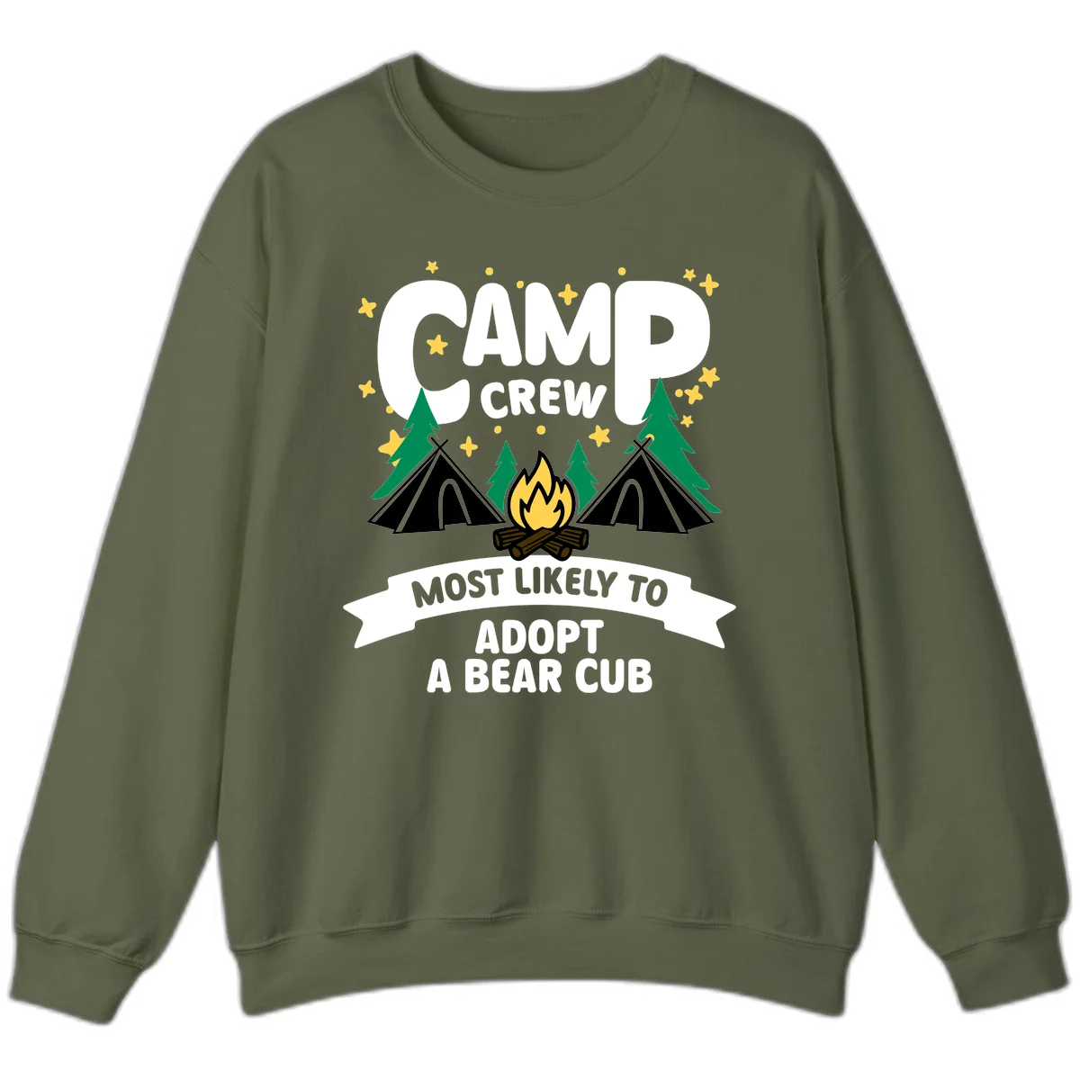 Camp crew bear cub adoption design with campfire, tents, trees, and stars on gray background in Military Green