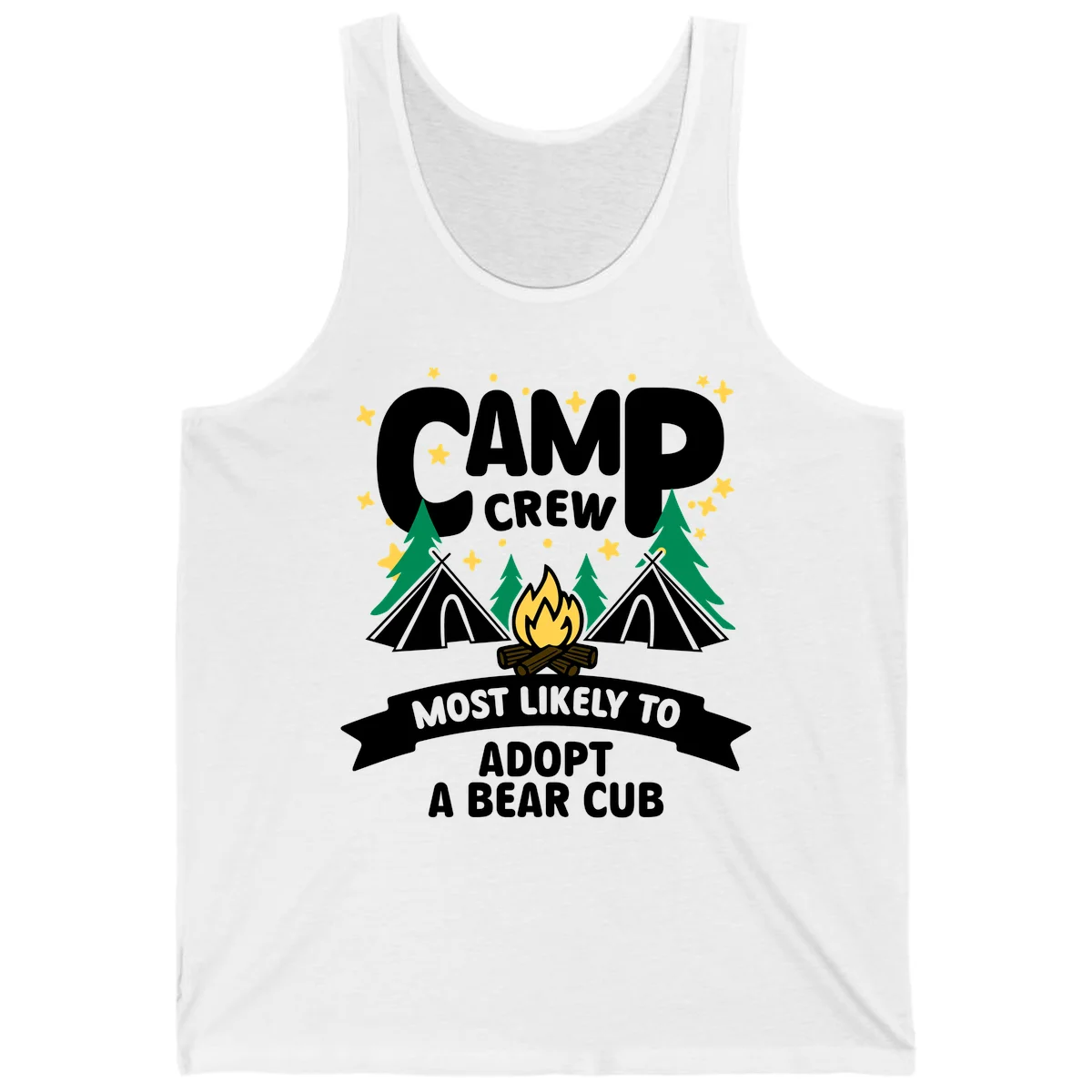 Camp crew bear cub adoption design with campfire, tents, trees, and stars on gray background in White