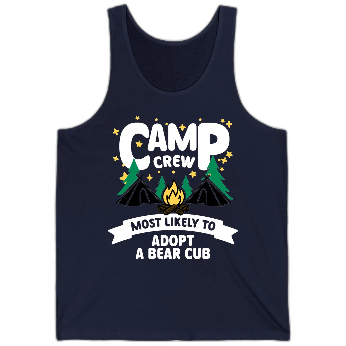 Camp crew bear cub adoption design with campfire, tents, trees, and stars on gray background in Navy