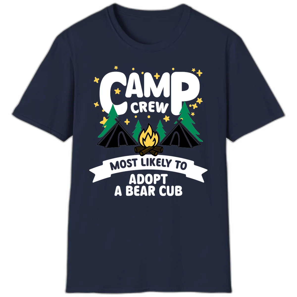 Camp crew bear cub adoption design with campfire, tents, trees, and stars on gray background in Navy